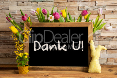 Tulip Flowers, Bunny, Brick Wall, Blackboard, Text Dank U Means Thank You