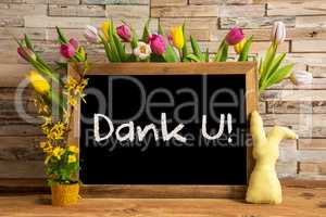 Tulip Flowers, Bunny, Brick Wall, Blackboard, Text Dank U Means Thank You