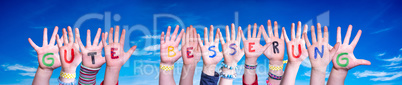 Children Hands Building Word Gute Besserung Means Get Well Soon, Blue Sky