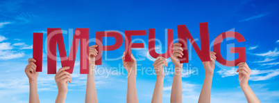 People Hands Holding Word Impfung Means Vaccination, Blue Sky