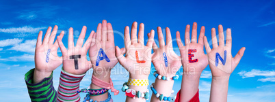 Children Hands Building Word Italien Means Italy, Blue Sky