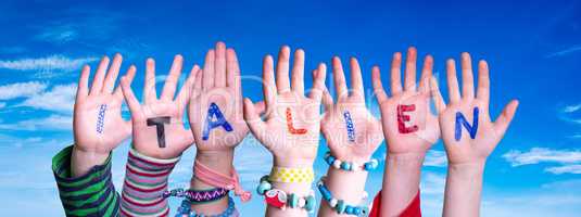 Children Hands Building Word Italien Means Italy, Blue Sky