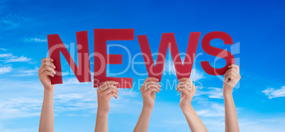 People Hands Holding Word News, Blue Sky