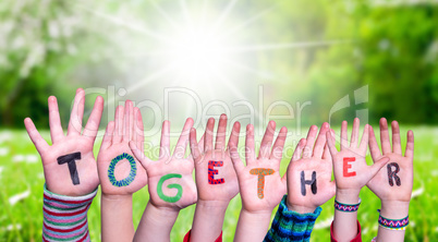 Children Hands Building Word Together, Grass Meadow