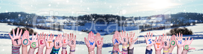 Children Hands Building Word Together We Are Strong, Snowy Winter Background