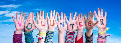 Children Hands Building Word Volunteer, Blue Sky