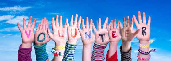 Children Hands Building Word Volunteer, Blue Sky