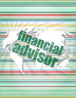financial advisor word on digital screen, mission control interface hi technology