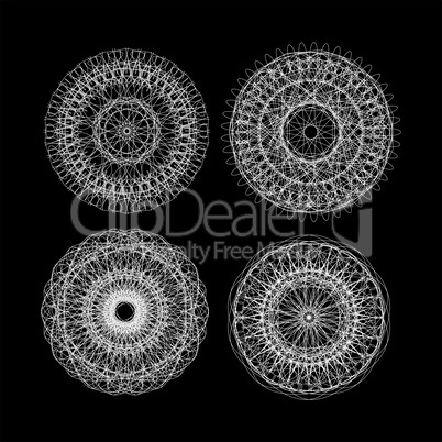 Guilloche set. Balck and white circle lace ornament, round ornamental geometric pattern