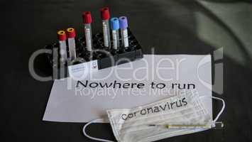 Coronavirus, nowhere to run. Medical test tubes are in the organizer. An inscription on a white sheet of paper. Medical disposable gauze bandages are on the table. A mercury glass thermometer is placed on a protective medical mask.