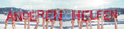 People Hands Holding Word Anderen Helfen Means Help Others, Winter Background