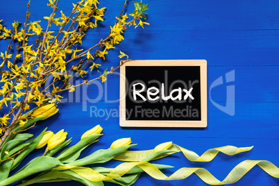 Spring Flowers Decoration, Branch, Blackboard, Text Relax