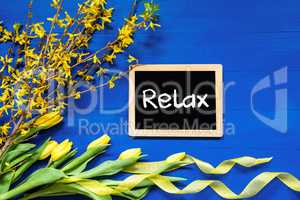 Spring Flowers Decoration, Branch, Blackboard, Text Relax