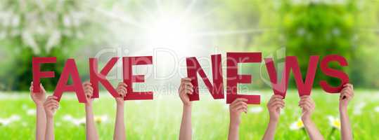 People Hands Holding Word Fake News, Grass Meadow