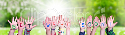 Children Hands Building Word Get Well Soon, Grass Meadow