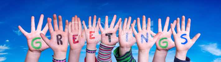 Children Hands Building Word Greetings, Blue Sky