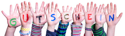 Children Hands Building Word Gutschein Means Voucher, Isolated Background