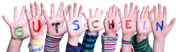 Children Hands Building Word Gutschein Means Voucher, Isolated Background