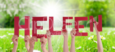 People Hands Holding Word Helfen Means Help, Grass Meadow
