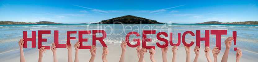 People Hands Holding Word Helfer Gesucht Means Help Wanted, Ocean Background