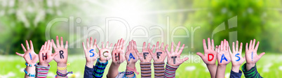 Children Hands Building Word Ihr Schafft Das Means You Can Do That, Grass Meadow