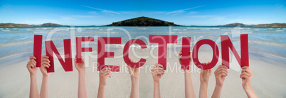 People Hands Holding Word Infection, Ocean Background