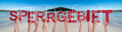 People Hands Holding Word Sperrgebiet Means Prohibited Area, Ocean Background