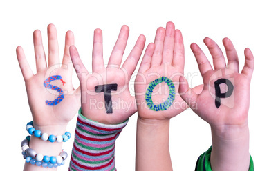 Children Hands Building Word Stop, Isolated Background