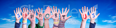 Children Hands Building Word Support Us, Blue Sky