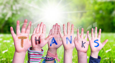 Children Hands Building Word Thanks, Grass Meadow