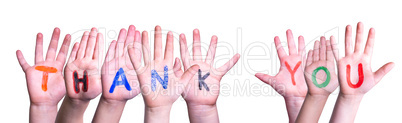 Many Children Hands Building Word Thank You, Isolated Background