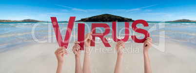 People Hands Holding Word Virus, Ocean Background