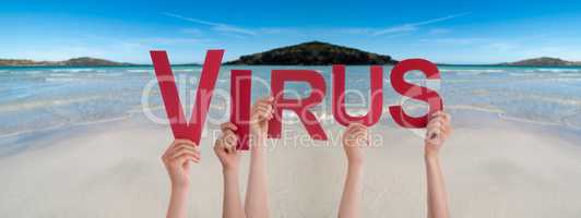People Hands Holding Word Virus, Ocean Background