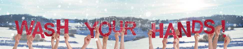People Hands Holding Word Wash Your Hands, Snowy Winter Background