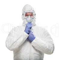 Man Wearing Hazmat Suit, Goggles and Medical Face Mask Isolated