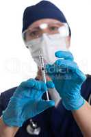 Doctor or Nurse Holding Medical Syringe with Needle on White Bac