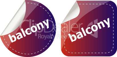 balcony word on stickers button set, label, business concept