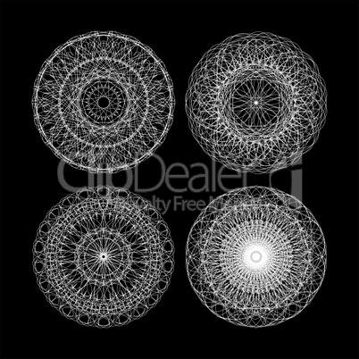 Guilloche set. Black and white circle lace ornament, round ornamental geometric pattern