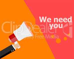 flat design business concept. We need you. Digital marketing business man holding megaphone for website and promotion banners.