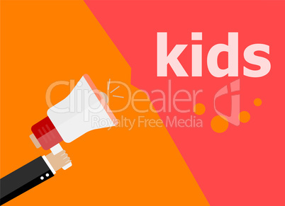 Kids. Hand holding megaphone and speech bubble. Flat design