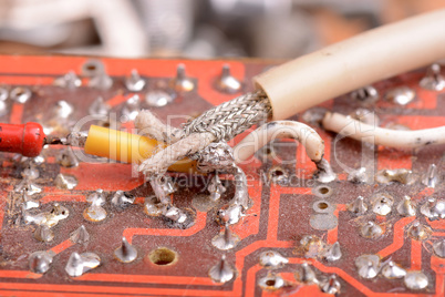 Close up of an old electronic circuit board