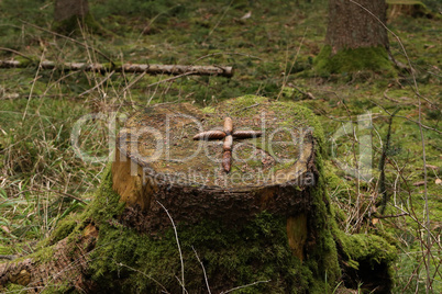 The cross is laid out on a stump of fir cones