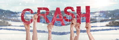 People Hands Holding Word Crash, Snowy Winter Background