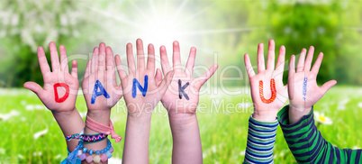 Children Hands Building Word Dank U Means Thank You, Grass Meadow