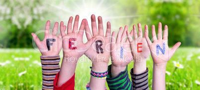 Children Hands Building Word Ferien Means Holidays, Grass Meadow