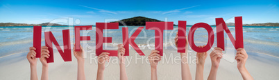 People Hands Holding Word Infektion Means Infection, Ocean Background