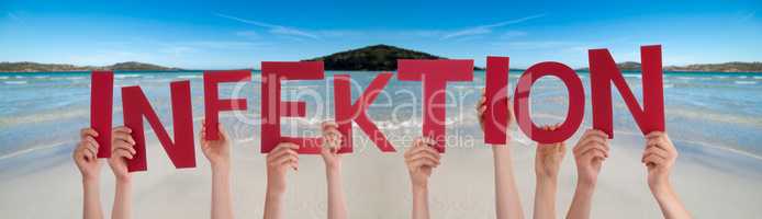 People Hands Holding Word Infektion Means Infection, Ocean Background