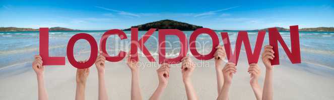 People Hands Holding Word Lockdown, Ocean Background