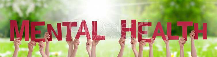 People Hands Holding Word Mental Health, Grass Meadow