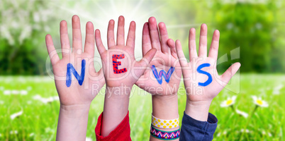 Children Hands Building Word News, Grass Meadow